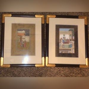 2 Unique Indo-Persian ink on silk paintings with custom made wood art frame.